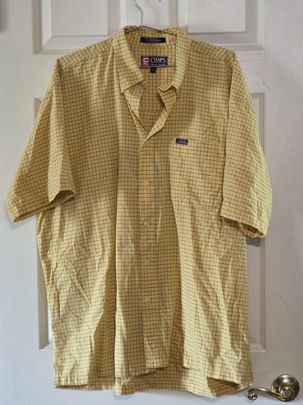 Chaps Yellow and Navy Checked Short-Sleeve Button-Down Shirt